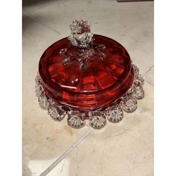 Hand Blown Vintage Cranberry Glass With Lid Glass 7” - Picture 1 of 8